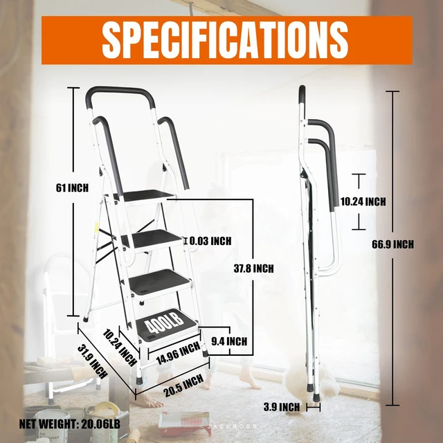 Alt view image 3 of 7 - 4 Step Ladder, Requires Simple Installation, Folding Lightweight Step Stool with Handrails and Wide Anti-Slip Pedal for Home, Kitchen and Garage, Service Height 37.8 inch, 400 lbs Capacity