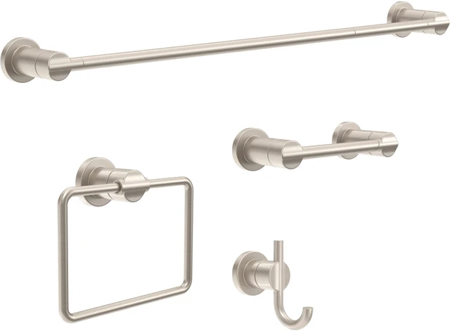 Main image of 4-Piece SpotShield Brushed Nickel Bathroom Set Towel Rack, Ring, Toilet Paper Holder, Hook | Nicoli Bath Accessories