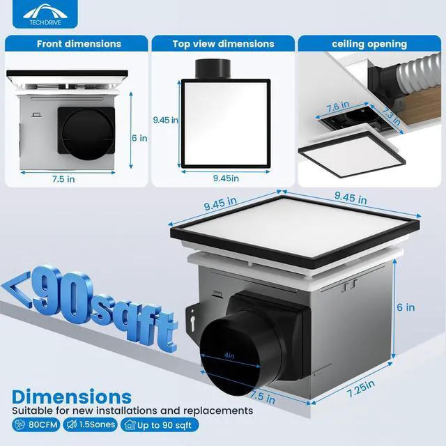 Alt view image 2 of 7 - Bathroom Fan with Light And Night Light,80 CFM,4 Inch Duct 1000lm Dimmable 5CCT LED Light, HVI and Energy Star Certified, Decorative Black Trim, Easy to Install