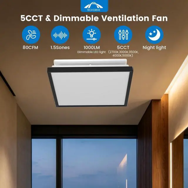 Alt view image 5 of 7 - Bathroom Fan with Light And Night Light,80 CFM,4 Inch Duct 1000lm Dimmable 5CCT LED Light, HVI and Energy Star Certified, Decorative Black Trim, Easy to Install
