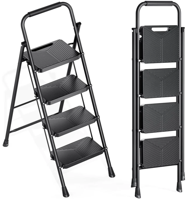 Main image of 4 Step Ladder, Portable Folding Ladder with Anti-Slip Pedals Heavy Sturdy Steel Step Stool for Multi-Purpose, Home, Kitchen, Handrail, Safe-Lock Design, Pass 500lbs Load Testing, Black