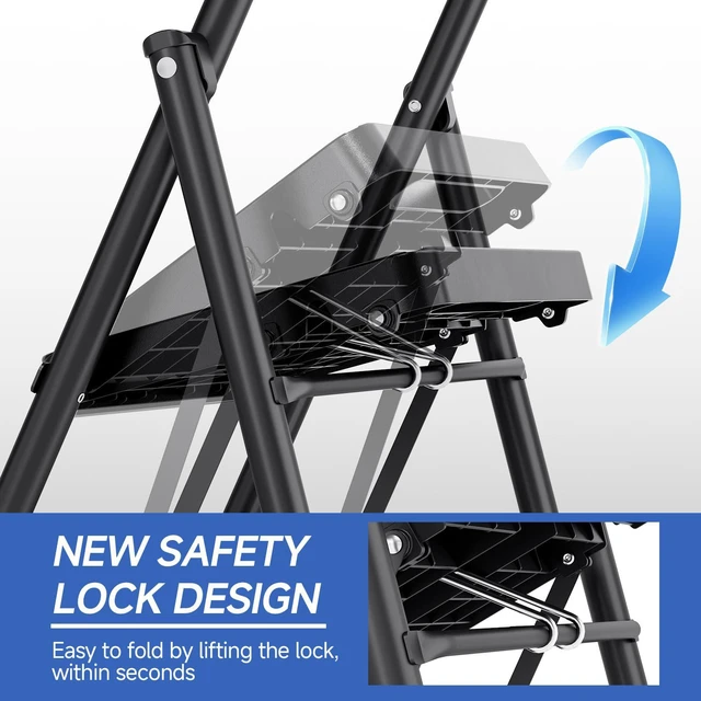 Alt view image 2 of 7 - 4 Step Ladder, Portable Folding Ladder with Anti-Slip Pedals Heavy Sturdy Steel Step Stool for Multi-Purpose, Home, Kitchen, Handrail, Safe-Lock Design, Pass 500lbs Load Testing, Black