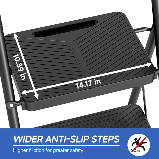 Alt view image 3 of 7 - 4 Step Ladder, Portable Folding Ladder with Anti-Slip Pedals Heavy Sturdy Steel Step Stool for Multi-Purpose, Home, Kitchen, Handrail, Safe-Lock Design, Pass 500lbs Load Testing, Black