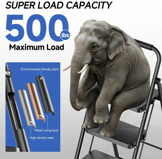Alt view image 4 of 7 - 4 Step Ladder, Portable Folding Ladder with Anti-Slip Pedals Heavy Sturdy Steel Step Stool for Multi-Purpose, Home, Kitchen, Handrail, Safe-Lock Design, Pass 500lbs Load Testing, Black