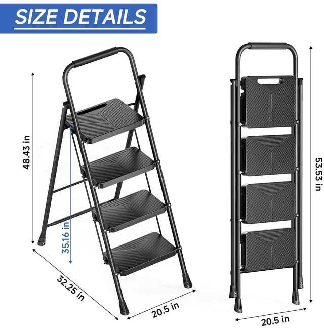 Alt view image 5 of 7 - 4 Step Ladder, Portable Folding Ladder with Anti-Slip Pedals Heavy Sturdy Steel Step Stool for Multi-Purpose, Home, Kitchen, Handrail, Safe-Lock Design, Pass 500lbs Load Testing, Black
