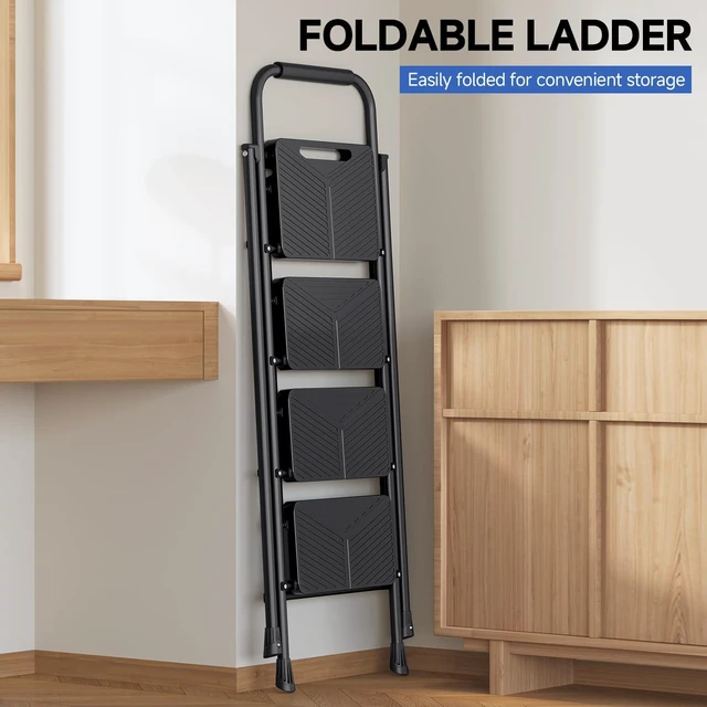 Alt view image 6 of 7 - 4 Step Ladder, Portable Folding Ladder with Anti-Slip Pedals Heavy Sturdy Steel Step Stool for Multi-Purpose, Home, Kitchen, Handrail, Safe-Lock Design, Pass 500lbs Load Testing, Black