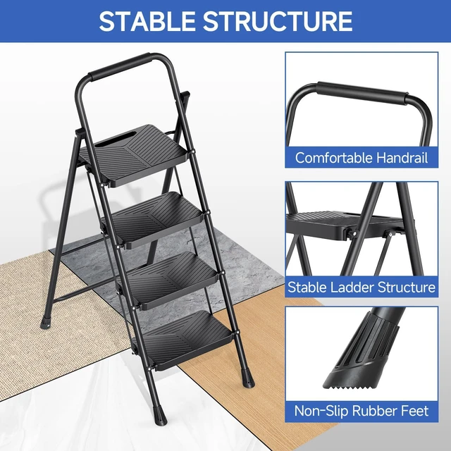Alt view image 7 of 7 - 4 Step Ladder, Portable Folding Ladder with Anti-Slip Pedals Heavy Sturdy Steel Step Stool for Multi-Purpose, Home, Kitchen, Handrail, Safe-Lock Design, Pass 500lbs Load Testing, Black