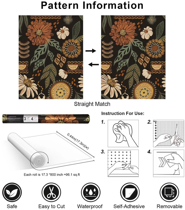 Alt view image 7 of 7 - Boho Floral Peel and Stick Wallpaper 17.3" x 800" Sun Floral Retro Contact Paper Removable Self Adhesive Contact Paper, Renter Friendly for Cabinets, Furniture, DIY Decor