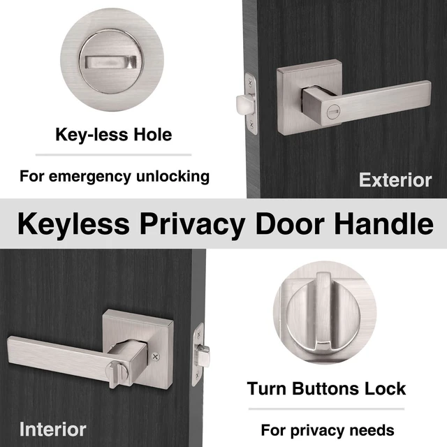 Alt view image 3 of 7 - Interior Door Handle Satin Nickel Door Knobs Keyless Levers 6 Pack Heavy Duty Privacy Door Knob with Lock, Keyless Interior Door Handle Sets, Square Door Levers Handle for Bedroom Bathroom