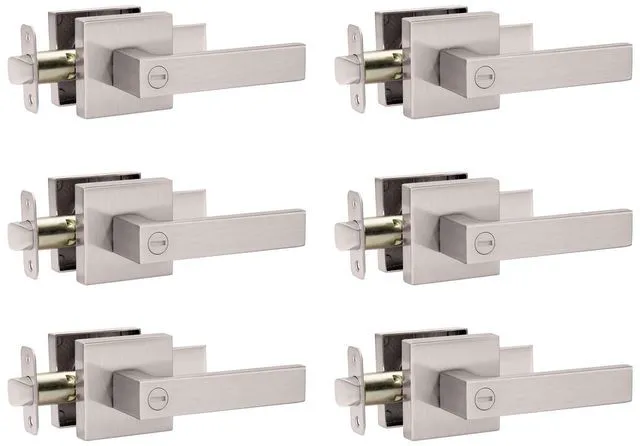 Main image of Interior Door Handle Satin Nickel Door Knobs Keyless Levers 6 Pack Heavy Duty Privacy Door Knob with Lock, Keyless Interior Door Handle Sets, Square Door Levers Handle for Bedroom Bathroom