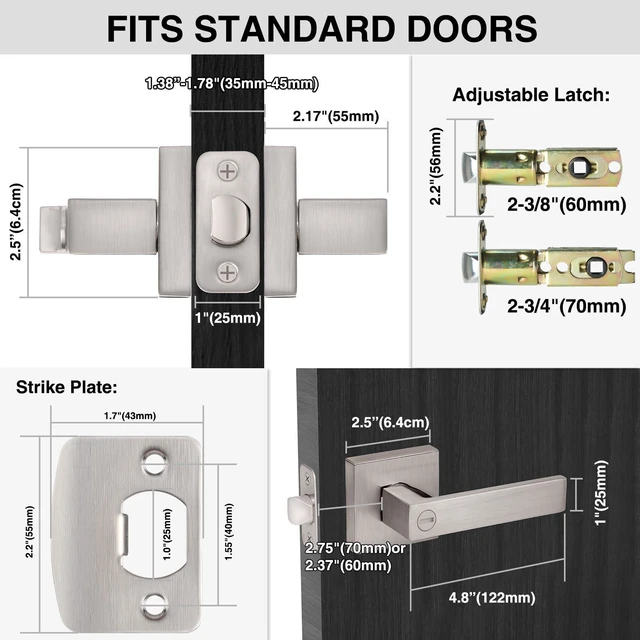 Alt view image 6 of 7 - Interior Door Handle Satin Nickel Door Knobs Keyless Levers 6 Pack Heavy Duty Privacy Door Knob with Lock, Keyless Interior Door Handle Sets, Square Door Levers Handle for Bedroom Bathroom