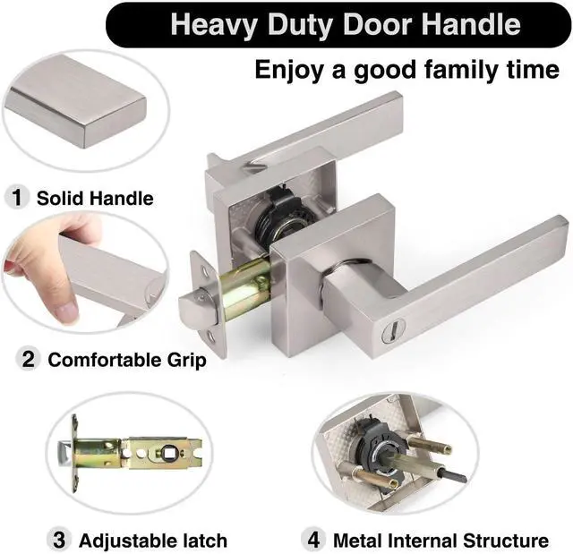 Alt view image 7 of 7 - Interior Door Handle Satin Nickel Door Knobs Keyless Levers 6 Pack Heavy Duty Privacy Door Knob with Lock, Keyless Interior Door Handle Sets, Square Door Levers Handle for Bedroom Bathroom