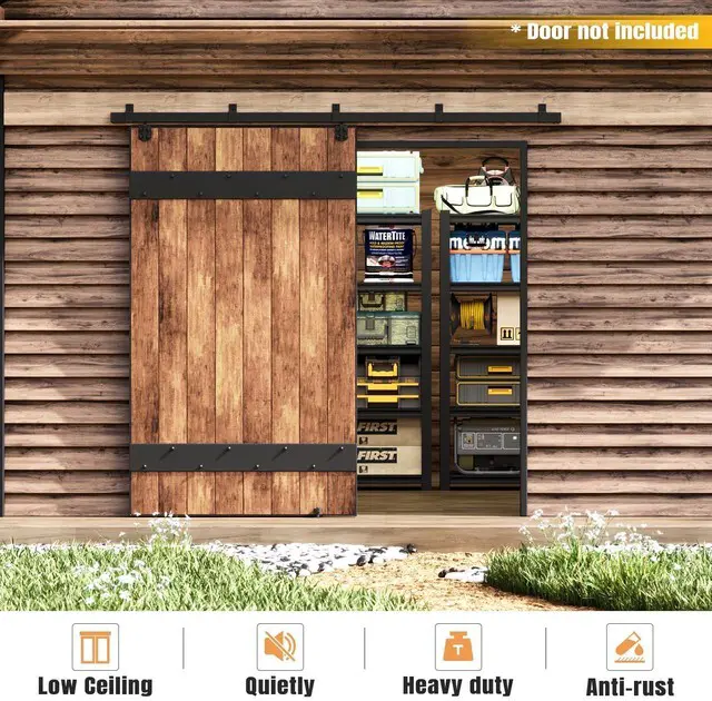 Alt view image 2 of 7 - 8FT Exterior Sliding Barn Door Hardware Kit, Box Rail Track, 450lb Capacity, Black Weather-Resistant Steel, Wall Mount System for Outdoor Use, Fit Single 48in Door