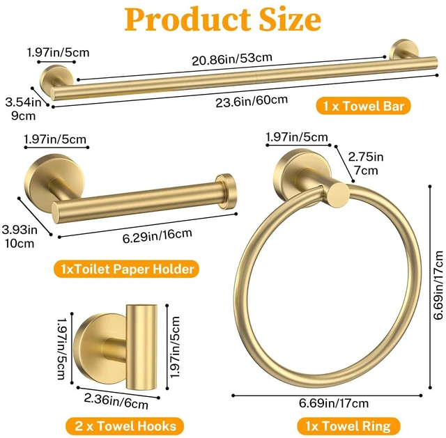 Alt view image 6 of 7 - Brushed Gold Bathroom Hardware Set 6-Pieces Towel Bar Set Stainless Steel Bathroom Accessory Set 23.6 Inch Wall Mounted Towel Rack