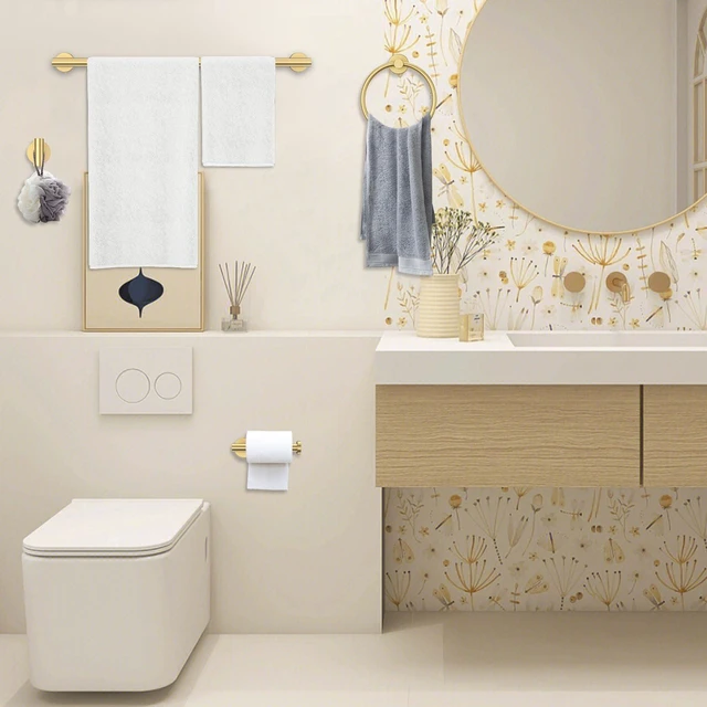 Alt view image 7 of 7 - Brushed Gold Bathroom Hardware Set 6-Pieces Towel Bar Set Stainless Steel Bathroom Accessory Set 23.6 Inch Wall Mounted Towel Rack