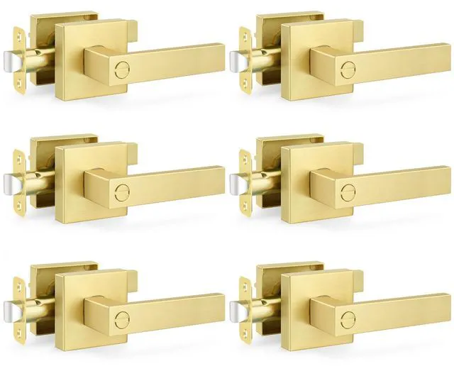 Main image of 6 Pack Gold Door Handles Interior Door Knobs with Satin Brass Finish, Heavy Duty Zinc Alloy Privacy Keyless Door Locks for Bedrooms Bathrooms, Reversible for Left & Right Handled Doors