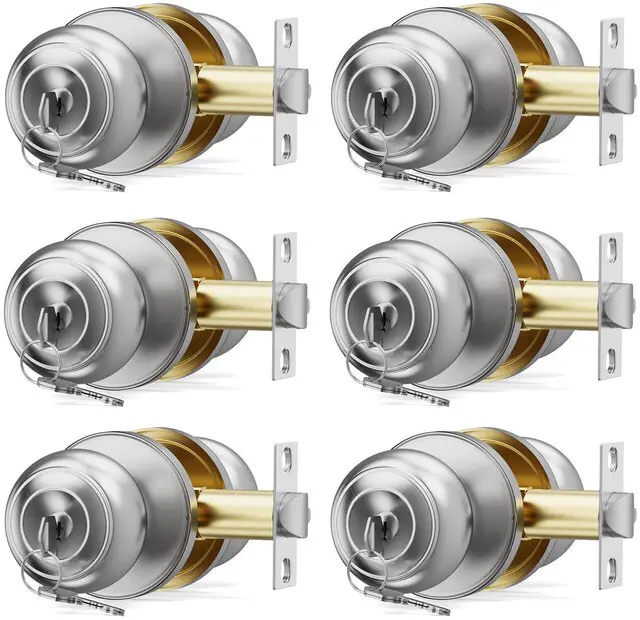 Main image of 6 Pack Door Knob with Lock, Keyed Same Entry Door Knobs, Interior and Exterior Round Ball Door Lock for Front Bedroom or Bathroom, Door Knobs Brushed Nickel Finish