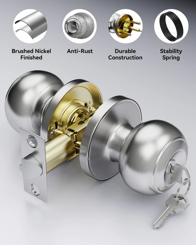 Alt view image 3 of 7 - 6 Pack Door Knob with Lock, Keyed Same Entry Door Knobs, Interior and Exterior Round Ball Door Lock for Front Bedroom or Bathroom, Door Knobs Brushed Nickel Finish
