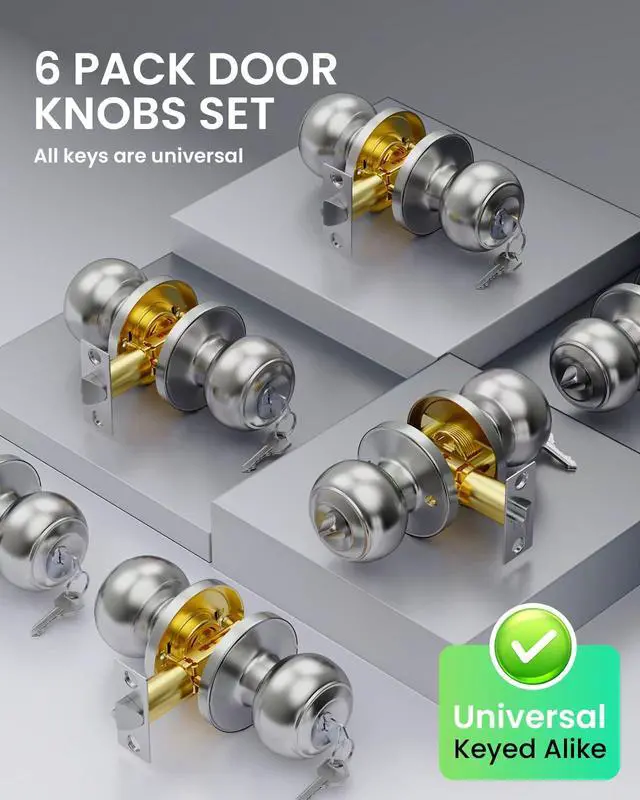 Alt view image 2 of 7 - 6 Pack Door Knob with Lock, Keyed Same Entry Door Knobs, Interior and Exterior Round Ball Door Lock for Front Bedroom or Bathroom, Door Knobs Brushed Nickel Finish