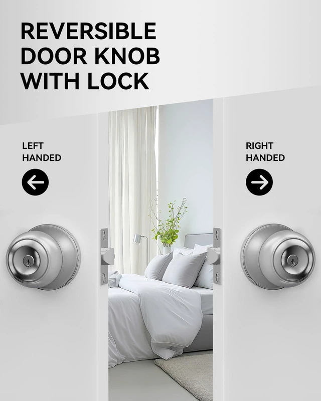 Alt view image 4 of 7 - 6 Pack Door Knob with Lock, Keyed Same Entry Door Knobs, Interior and Exterior Round Ball Door Lock for Front Bedroom or Bathroom, Door Knobs Brushed Nickel Finish