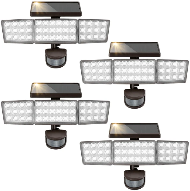 Main image of Solar Lights Outdoor, 3500LM 168 LED Motion Sensor Solar Flood Lights, 3 Heads 300° Wide Angle, 3 Modes IP65 Waterproof Solar Security Lights for Yard Garden Patio, 4 Pack (Brown)