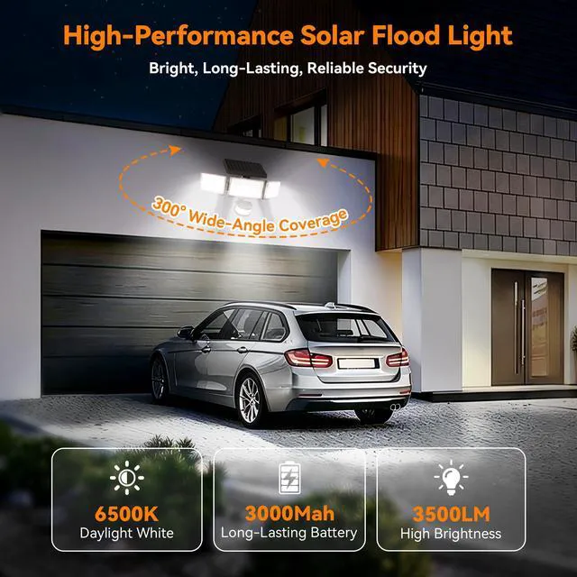 Alt view image 3 of 7 - Solar Lights Outdoor, 3500LM 168 LED Motion Sensor Solar Flood Lights, 3 Heads 300° Wide Angle, 3 Modes IP65 Waterproof Solar Security Lights for Yard Garden Patio, 4 Pack (Brown)