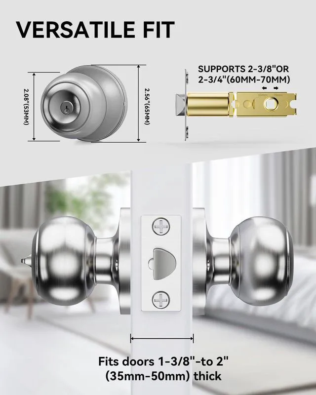 Alt view image 7 of 7 - 6 Pack Door Knob with Lock, Keyed Same Entry Door Knobs, Interior and Exterior Round Ball Door Lock for Front Bedroom or Bathroom, Door Knobs Brushed Nickel Finish