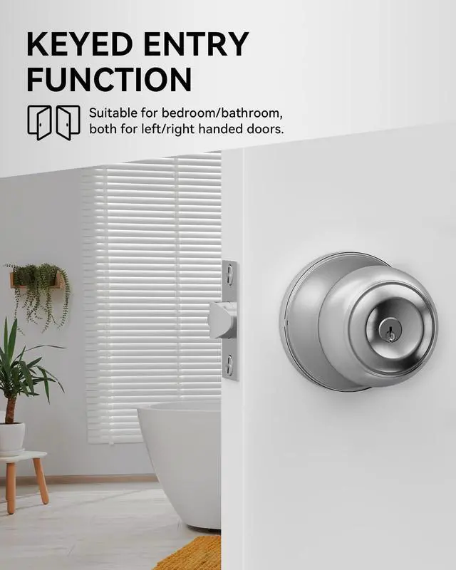 Alt view image 5 of 7 - 6 Pack Door Knob with Lock, Keyed Same Entry Door Knobs, Interior and Exterior Round Ball Door Lock for Front Bedroom or Bathroom, Door Knobs Brushed Nickel Finish