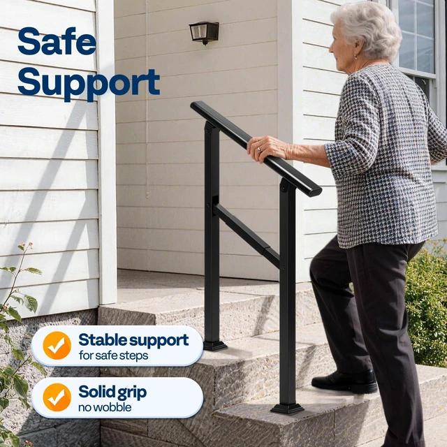 Alt view image 2 of 7 - 2 Step Adjustable Straight Oval Hand Rails for Outdoor Steps 2-Pack, Durable Galvanized Steel, Exterior Railing Kit for Porch, Deck, or Indoor Stairs (Black)