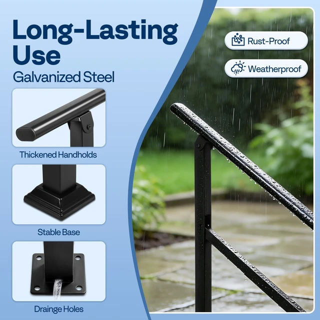 Alt view image 3 of 7 - 2 Step Adjustable Straight Oval Hand Rails for Outdoor Steps 2-Pack, Durable Galvanized Steel, Exterior Railing Kit for Porch, Deck, or Indoor Stairs (Black)