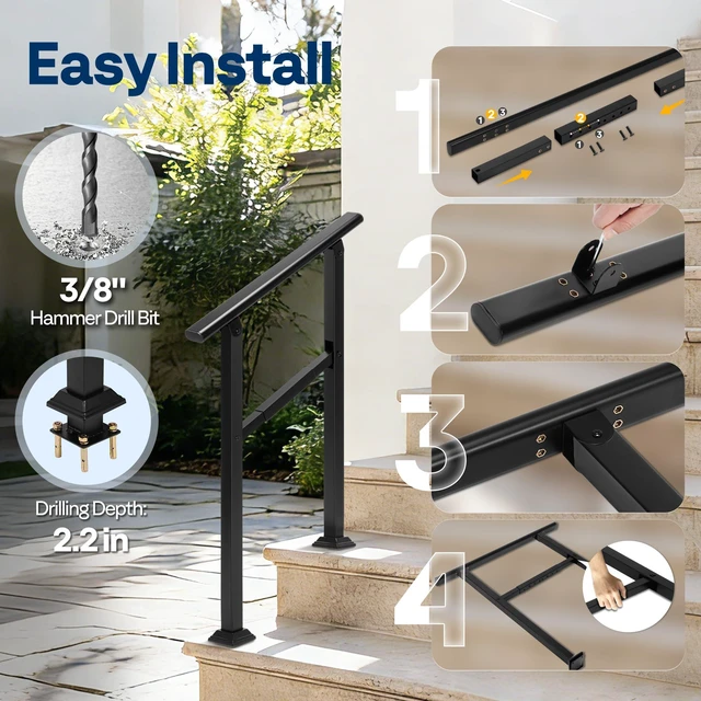 Alt view image 5 of 7 - 2 Step Adjustable Straight Oval Hand Rails for Outdoor Steps 2-Pack, Durable Galvanized Steel, Exterior Railing Kit for Porch, Deck, or Indoor Stairs (Black)