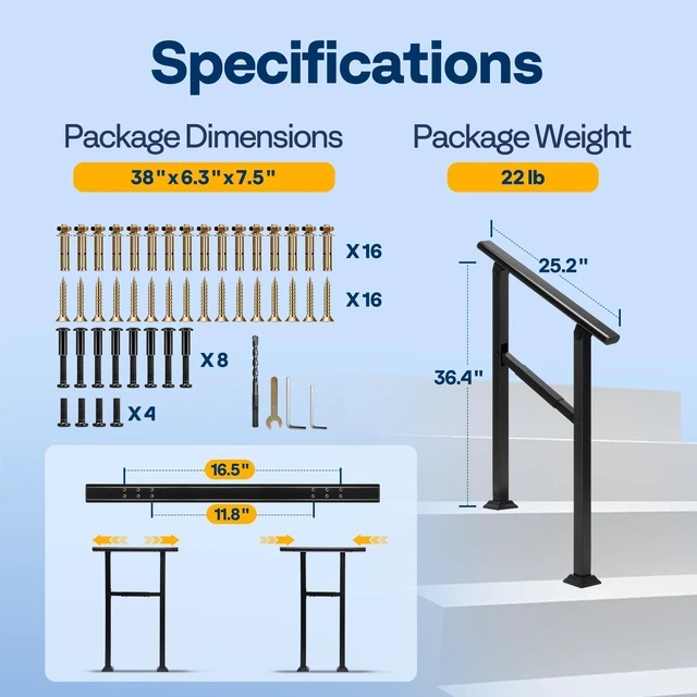Alt view image 7 of 7 - 2 Step Adjustable Straight Oval Hand Rails for Outdoor Steps 2-Pack, Durable Galvanized Steel, Exterior Railing Kit for Porch, Deck, or Indoor Stairs (Black)