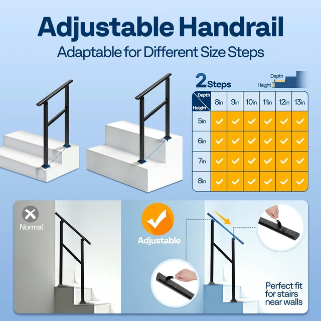 Alt view image 4 of 7 - 2 Step Adjustable Straight Oval Hand Rails for Outdoor Steps 2-Pack, Durable Galvanized Steel, Exterior Railing Kit for Porch, Deck, or Indoor Stairs (Black)