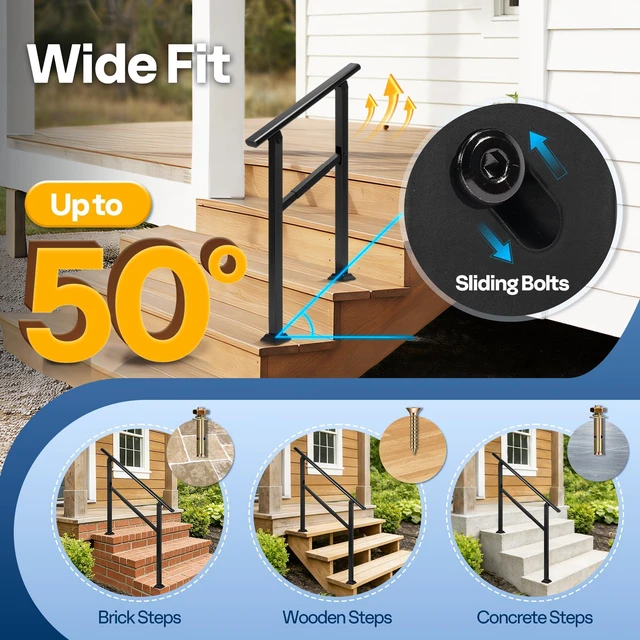 Alt view image 6 of 7 - 2 Step Adjustable Straight Oval Hand Rails for Outdoor Steps 2-Pack, Durable Galvanized Steel, Exterior Railing Kit for Porch, Deck, or Indoor Stairs (Black)