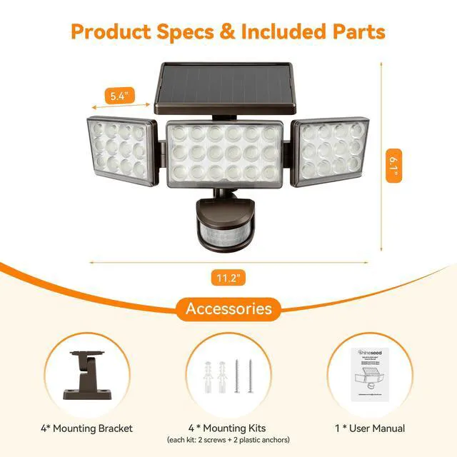 Alt view image 7 of 7 - Solar Lights Outdoor, 3500LM 168 LED Motion Sensor Solar Flood Lights, 3 Heads 300° Wide Angle, 3 Modes IP65 Waterproof Solar Security Lights for Yard Garden Patio, 4 Pack (Brown)