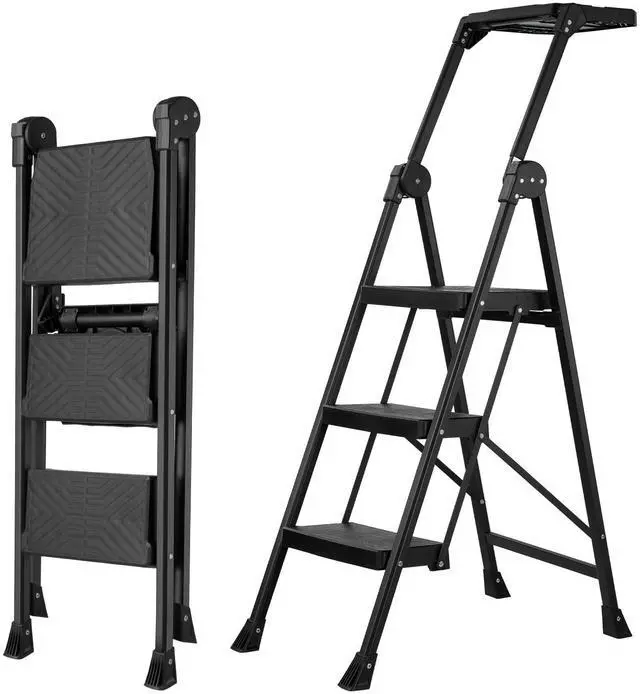 Main image of 3 Step Stool, Heavy Duty Steel with Foldable Handrail & Tool Tray 660lbs Weight Capacity Anti-Slip Wide Pedals 3.74" Compact Space Saving Storage For Kitchen, Pantry Closet & Office
