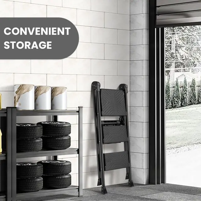 Alt view image 5 of 7 - 3 Step Stool, Heavy Duty Steel with Foldable Handrail & Tool Tray 660lbs Weight Capacity Anti-Slip Wide Pedals 3.74" Compact Space Saving Storage For Kitchen, Pantry Closet & Office