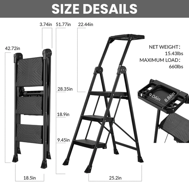 Alt view image 7 of 7 - 3 Step Stool, Heavy Duty Steel with Foldable Handrail & Tool Tray 660lbs Weight Capacity Anti-Slip Wide Pedals 3.74" Compact Space Saving Storage For Kitchen, Pantry Closet & Office