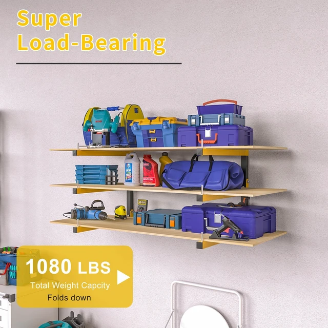 Alt view image 4 of 7 - 6 PACK Lumber Storage Rack Wall Mount Wood Organizer Storage Racks Heavy Duty Shelf Brackets with 9-Level System 1080 LB Sturdy Folding Garage Wall Shelving, Snowboard Rack for Indoor and Outdoor