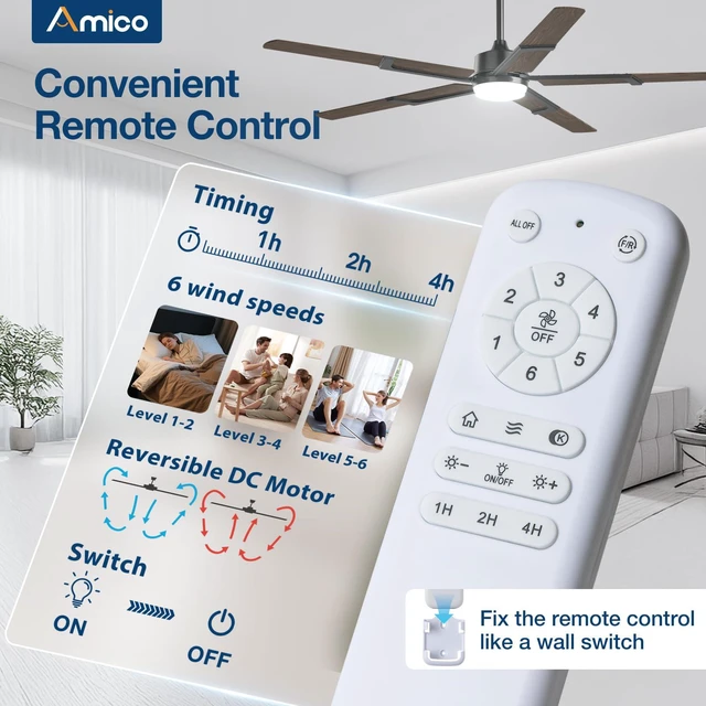 Alt view image 3 of 7 - 62 Inch Ceiling Fans with Lights and Remote, Walnut 6 Speed Reversible DC Motor, 3CCT, Dimmable, Quiet, Timer, Large Modern Ceiling Fan for Living room, Indoor/Outdoor