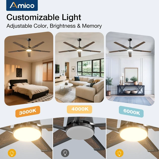 Alt view image 7 of 7 - 62 Inch Ceiling Fans with Lights and Remote, Walnut 6 Speed Reversible DC Motor, 3CCT, Dimmable, Quiet, Timer, Large Modern Ceiling Fan for Living room, Indoor/Outdoor