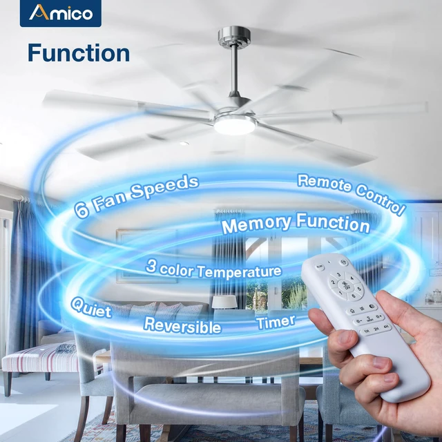 Alt view image 2 of 7 - 66 Inch Ceiling Fans with Lights and Remote, Nickel 6 Speed Reversible DC Motor, 3CCT, Dimmable, Quiet, Timer, Large Modern Ceiling Fan for Living room, Indoor/Outdoor