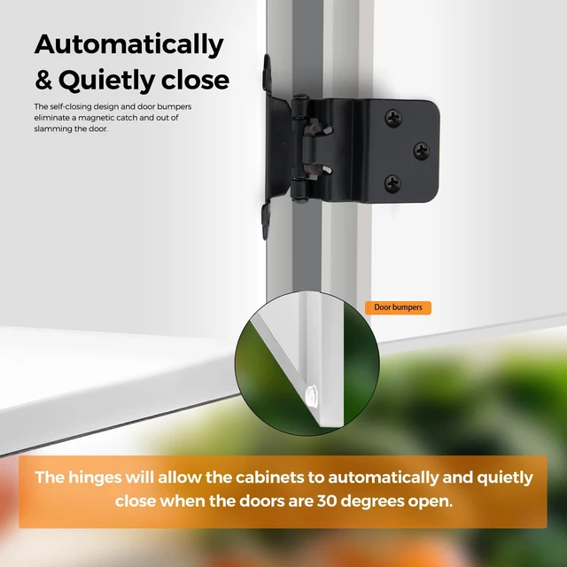 Alt view image 7 of 7 - Black Kitchen Cabinet Hinges, 3/8 Inch Inset, 30 Pack Self-Closing Design, Semi Wrap Around Hinge,for Face Frame Cupboard, Matte Black Face Mount Cabinet Hardware,with Screwdriver