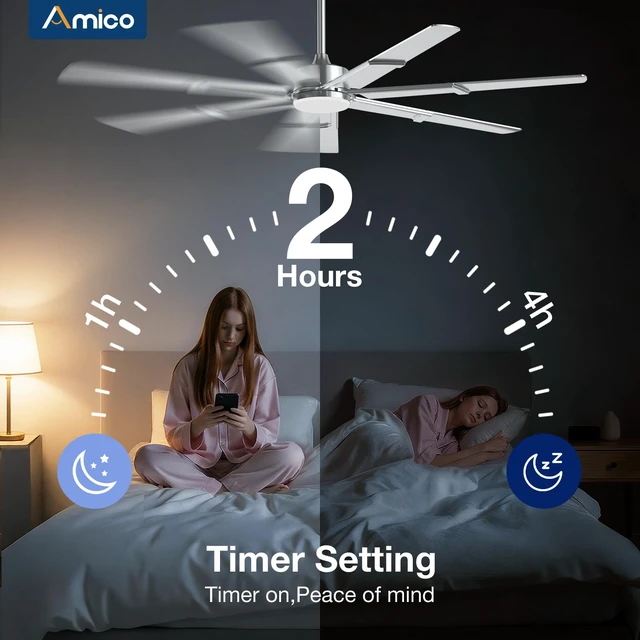 Alt view image 6 of 7 - 66 Inch Ceiling Fans with Lights and Remote, Nickel 6 Speed Reversible DC Motor, 3CCT, Dimmable, Quiet, Timer, Large Modern Ceiling Fan for Living room, Indoor/Outdoor