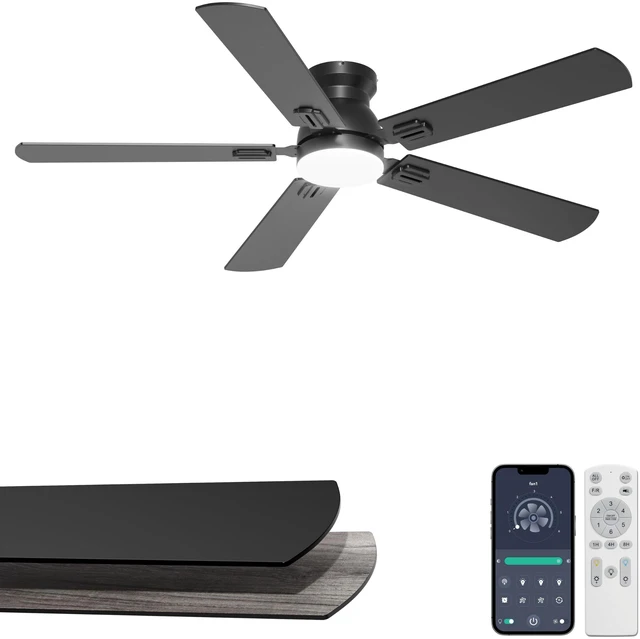 Main image of 52'' Black Flush Mount Ceiling Fan with Lights for Bedroom App/Remote Control, Low Profile, Space-Saving, Quiet DC Motor, 3CCT Dimmable, 6 Speeds Modern Overhead Fan for Low Ceilings