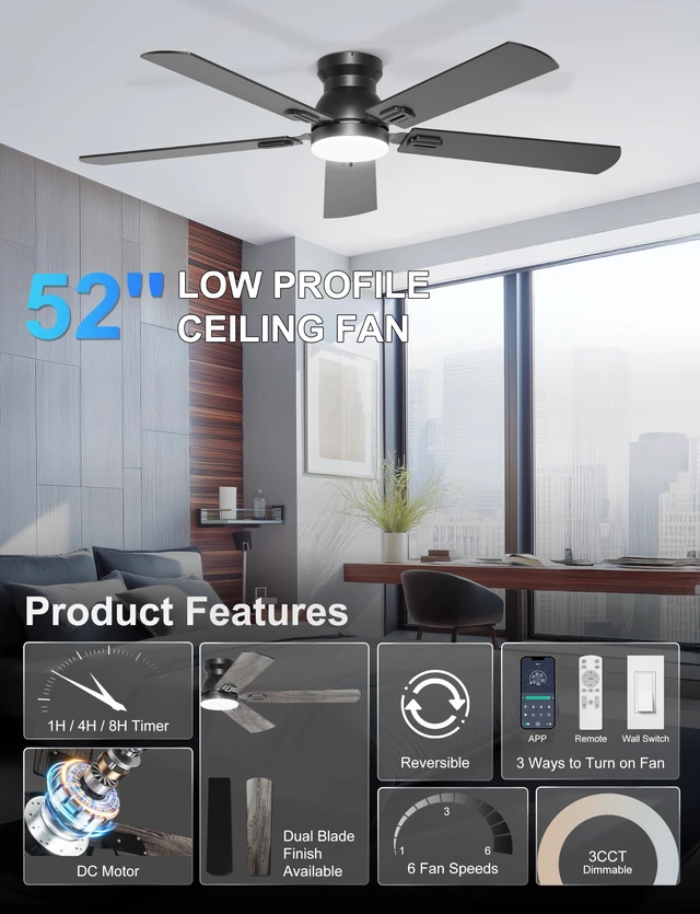 Alt view image 2 of 7 - 52'' Black Flush Mount Ceiling Fan with Lights for Bedroom App/Remote Control, Low Profile, Space-Saving, Quiet DC Motor, 3CCT Dimmable, 6 Speeds Modern Overhead Fan for Low Ceilings