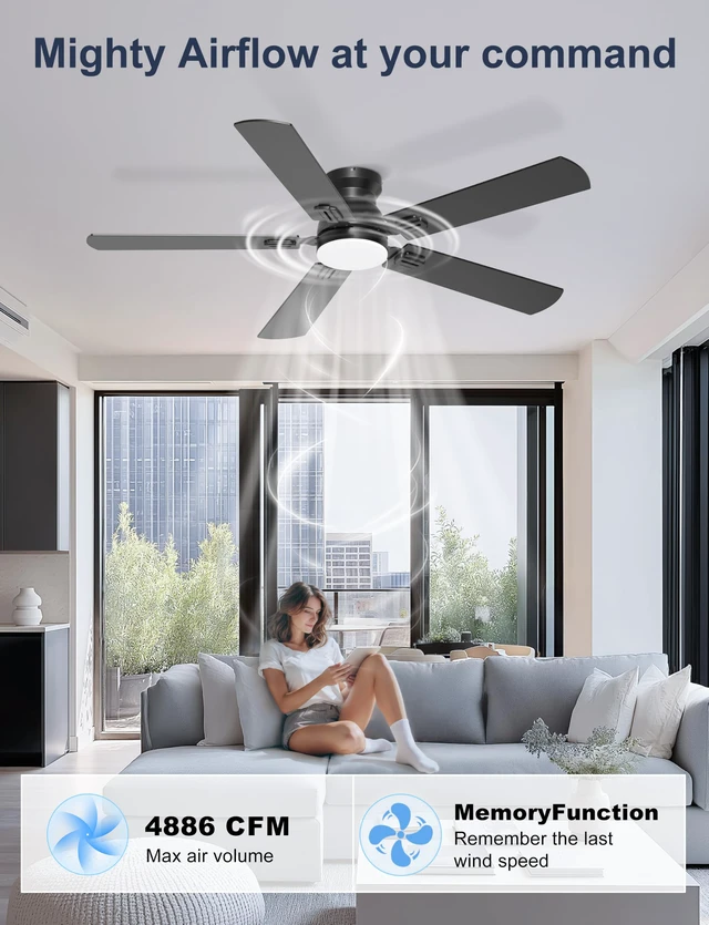 Alt view image 5 of 7 - 52'' Black Flush Mount Ceiling Fan with Lights for Bedroom App/Remote Control, Low Profile, Space-Saving, Quiet DC Motor, 3CCT Dimmable, 6 Speeds Modern Overhead Fan for Low Ceilings