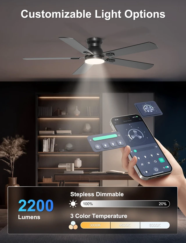 Alt view image 4 of 7 - 52'' Black Flush Mount Ceiling Fan with Lights for Bedroom App/Remote Control, Low Profile, Space-Saving, Quiet DC Motor, 3CCT Dimmable, 6 Speeds Modern Overhead Fan for Low Ceilings