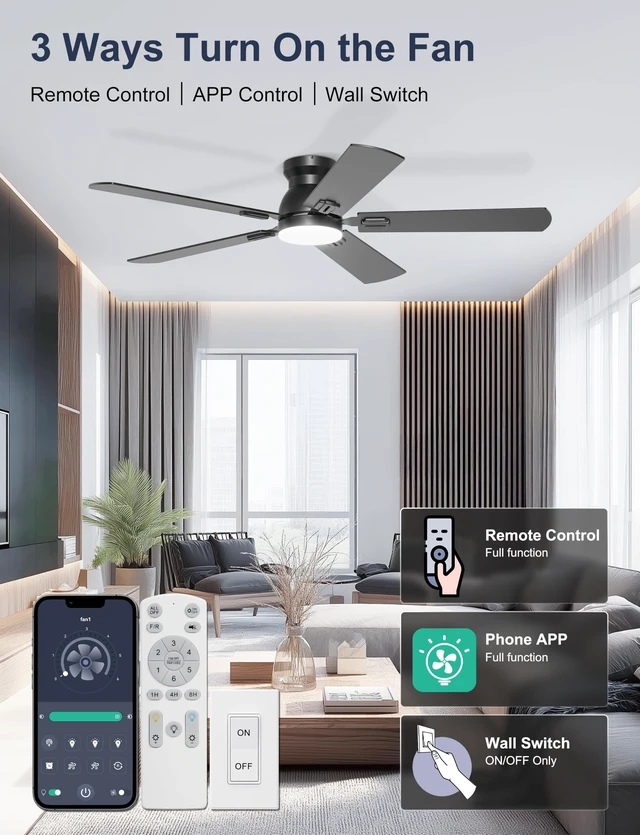 Alt view image 3 of 7 - 52'' Black Flush Mount Ceiling Fan with Lights for Bedroom App/Remote Control, Low Profile, Space-Saving, Quiet DC Motor, 3CCT Dimmable, 6 Speeds Modern Overhead Fan for Low Ceilings