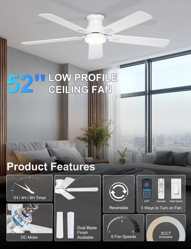 Alt view image 2 of 7 - 52'' Low Profile Ceiling Fan with Lights for Bedroom, Living Room App/Remote Control, Flush Mount, Space-Saving, Quiet DC Motor, 3CCT Dimmable, 6 Speeds Modern Overhead Fan for Low Ceilings